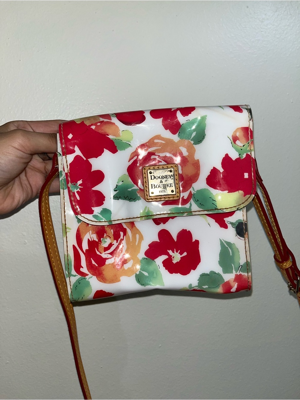 Dooney & Bourke Floral Patent Canvas Crossbody Bag White Red Green Adjustable